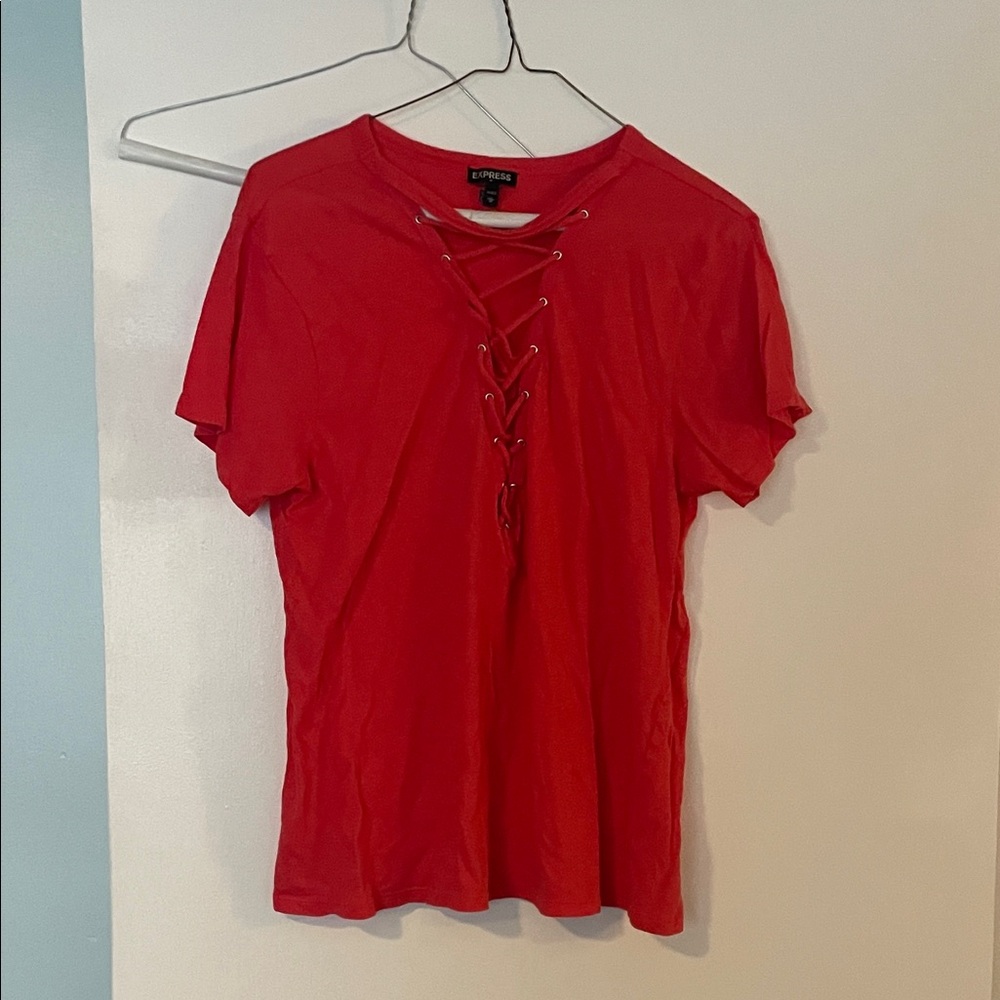 Express Coral Lace-Up Short Sleeve Top